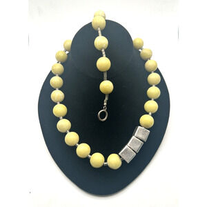 Vtg Modernist Chunky Lime Quartz Stone & Silver Box Beaded Necklace Bracelet Set